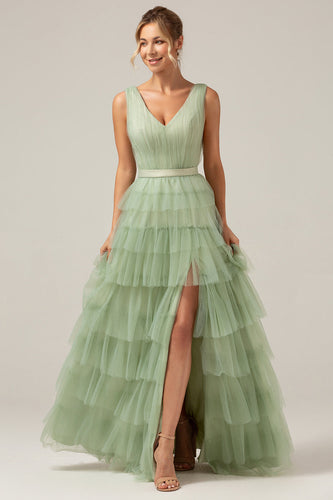 Green Tiered A Line V-Neck Tulle Long Formal Dress with Slit