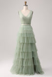 Pleated Tiered Green Formal Dress with Slit