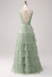 Pleated Tiered Green Formal Dress with Slit