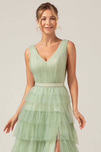 Green Tiered A Line V-Neck Tulle Long Formal Dress with Slit