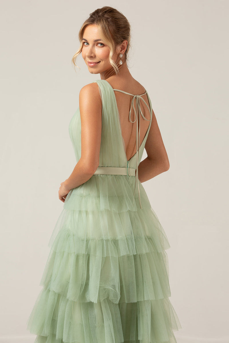 Load image into Gallery viewer, Green Tiered A Line V-Neck Tulle Long Formal Dress with Slit