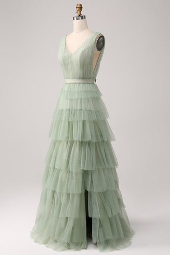 Pleated Tiered Green Formal Dress with Slit