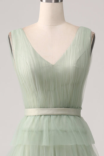 Pleated Tiered Green Formal Dress with Slit