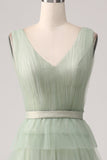 Pleated Tiered Green Formal Dress with Slit