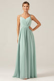 A-Line Spaghetti Straps Backless Maternity Matcha Bridesmaid Dress