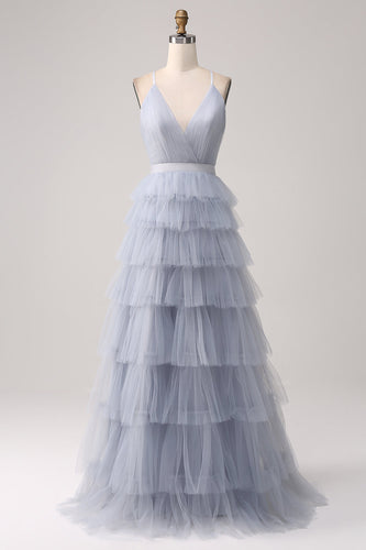 Grey Blue A Line Tiered Tulle Backless Long Formal Dress