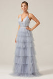 Grey Blue A Line Tiered Tulle Formal Dress