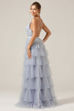 Grey Blue A Line Tiered Tulle Formal Dress