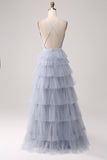 Grey Blue A Line Tiered Tulle Backless Long Formal Dress