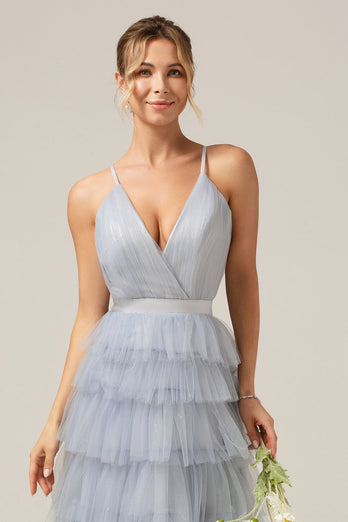 Grey Blue A Line Tiered Tulle Formal Dress