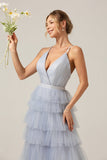 Grey Blue A Line Tiered Tulle Formal Dress