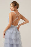 Grey Blue A Line Tiered Tulle Formal Dress