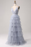 Grey Blue A Line Tiered Tulle Backless Long Formal Dress