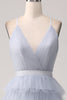 Load image into Gallery viewer, Grey Blue A Line Tiered Tulle Backless Long Formal Dress