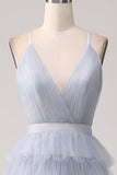 Grey Blue A Line Tiered Tulle Backless Long Formal Dress