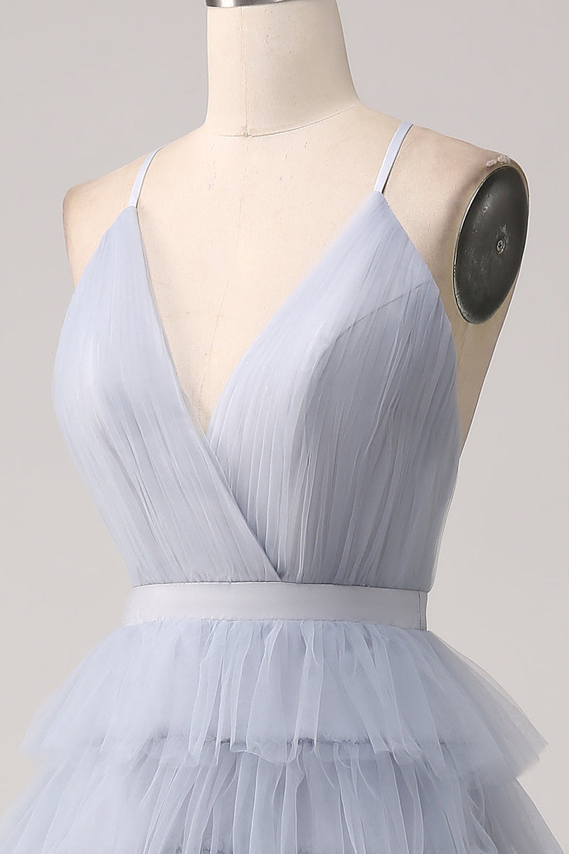 Load image into Gallery viewer, Grey Blue A Line Tiered Tulle Backless Long Formal Dress