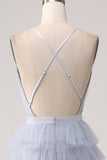 Grey Blue A Line Tiered Tulle Backless Long Formal Dress