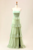 A-Line Strapless Matcha Tiered Long Bridesmaid Dress with Ruffles