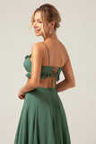 Eucalyptus Spaghetti Straps Hollow-out Long Bridesmaid Dress with Ruffles