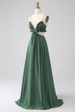 Spaghetti Straps Ruffles Green Hollow-out Long Bridesmaid Dress