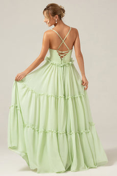 Green A Line Ruffles Long Maternity Bridesmaid Dress with Lace-up Back