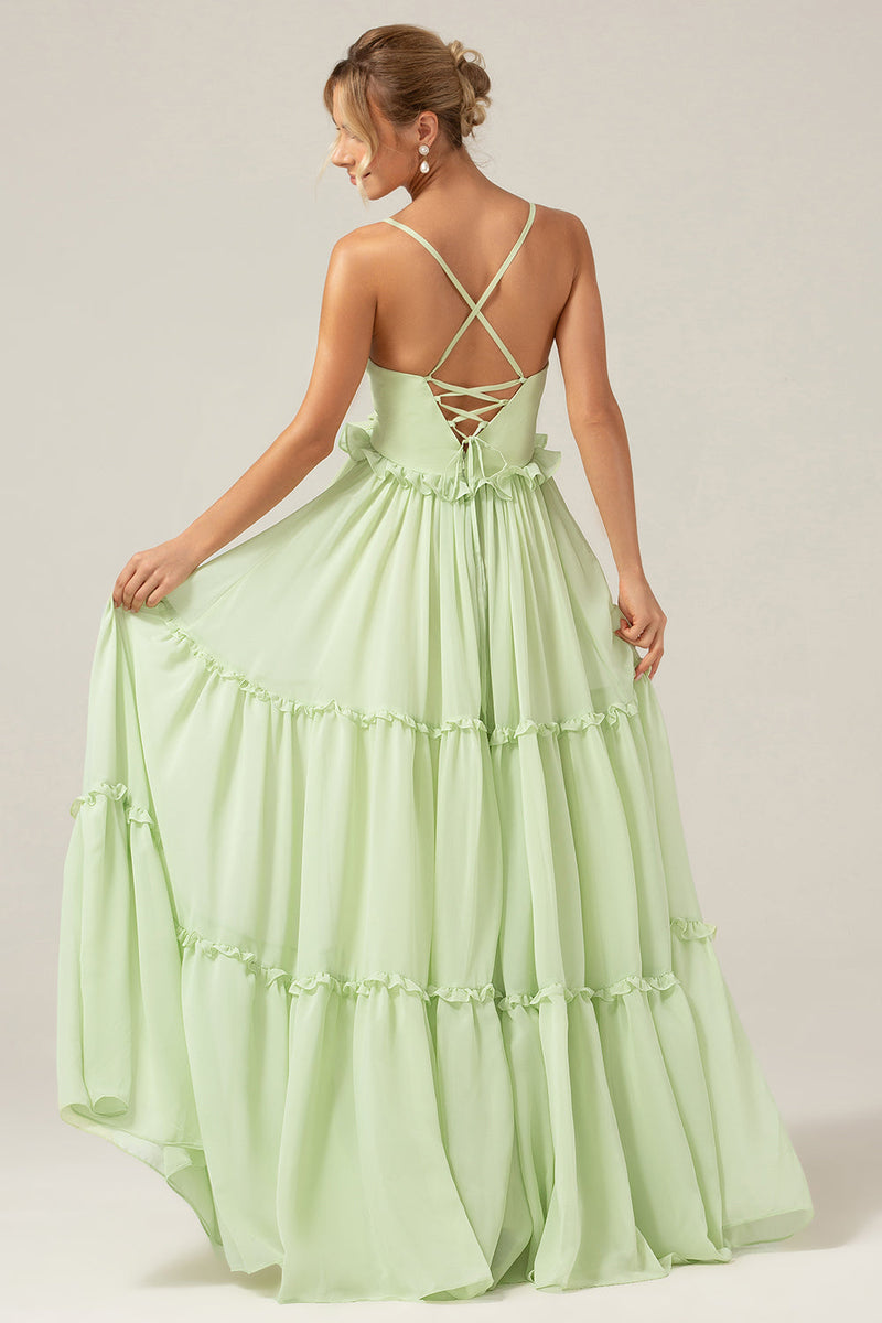 Load image into Gallery viewer, Green A Line Ruffles Long Maternity Bridesmaid Dress with Lace-up Back