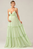 Green A Line Ruffles Long Maternity Bridesmaid Dress with Lace-up Back