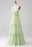 Ruffles A Line Green Bridesmaid Dress with Lace-up Back