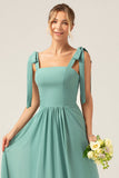 A Line Eucalyptus Chiffon Long Bridesmaid Dress with Pleats