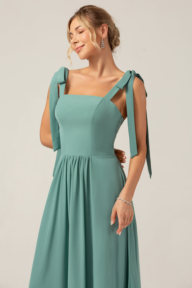 Load image into Gallery viewer, A Line Eucalyptus Chiffon Long Bridesmaid Dress with Pleats