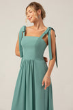 A Line Eucalyptus Chiffon Long Bridesmaid Dress with Pleats