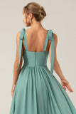 A Line Eucalyptus Chiffon Long Bridesmaid Dress with Pleats