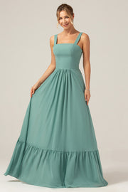 A Line Eucalyptus Chiffon Long Bridesmaid Dress with Pleats