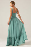 A Line Eucalyptus Chiffon Long Bridesmaid Dress with Pleats