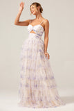 Lavender Flower Princess Spaghetti Straps Tiered Formal Dress with Ruffles