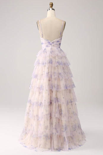 Lavender Flower Tiered Princess Formal Dress with Pleated