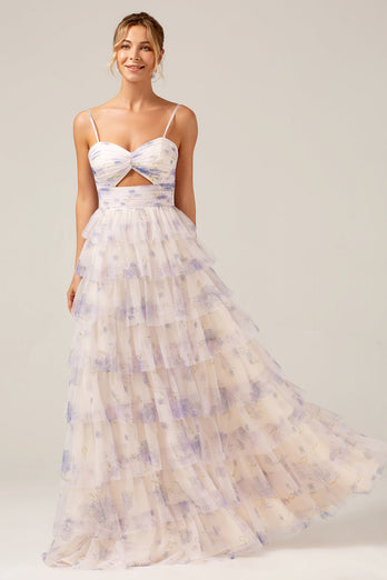 Lavender Flower Princess Spaghetti Straps Tiered Formal Dress with Ruffles