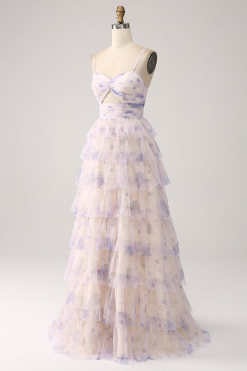 Lavender Flower Tiered Princess Formal Dress with Pleated