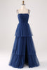 Load image into Gallery viewer, A Line Spaghetti Straps Tiered Tulle Pleated Formal Dress with Slit