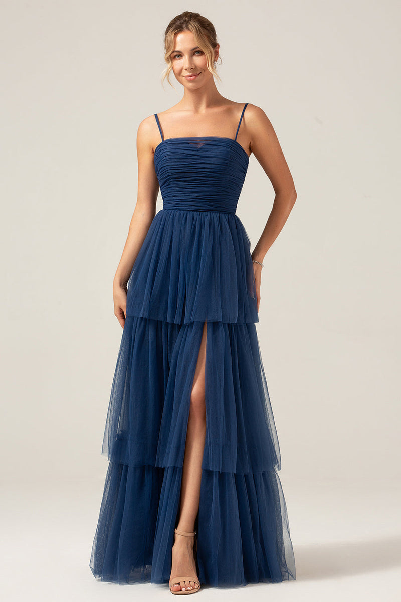 ZAPAKA Women Navy Formal Dress with Slit Tulle A Line Spaghetti Straps ...