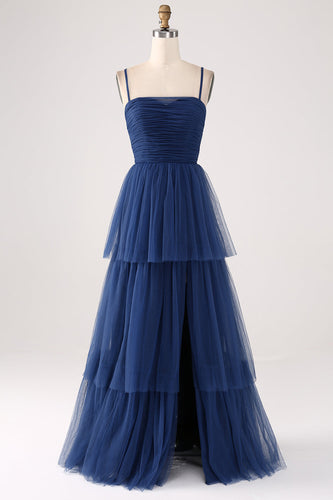 A Line Spaghetti Straps Tiered Tulle Pleated Formal Dress with Slit