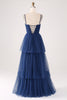 Load image into Gallery viewer, A Line Spaghetti Straps Tiered Tulle Pleated Formal Dress with Slit