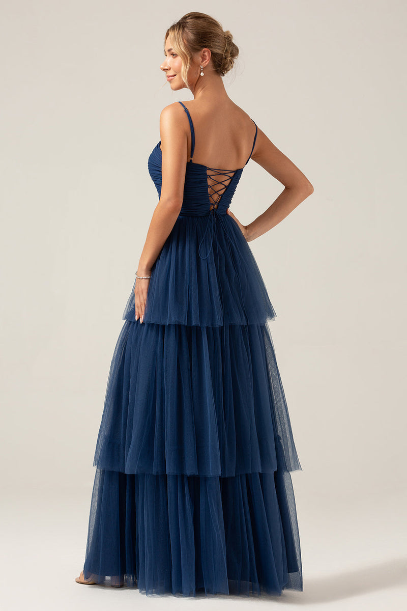Load image into Gallery viewer, A Line Spaghetti Straps Tiered Navy Tulle Pleated Formal Dress with Slit