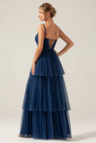 A Line Spaghetti Straps Tiered Navy Tulle Pleated Formal Dress with Slit