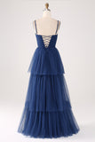 A Line Spaghetti Straps Tiered Tulle Pleated Formal Dress with Slit