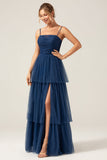 A Line Spaghetti Straps Tiered Navy Tulle Pleated Formal Dress with Slit