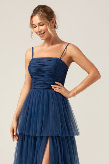 A Line Spaghetti Straps Tiered Navy Tulle Pleated Formal Dress with Slit