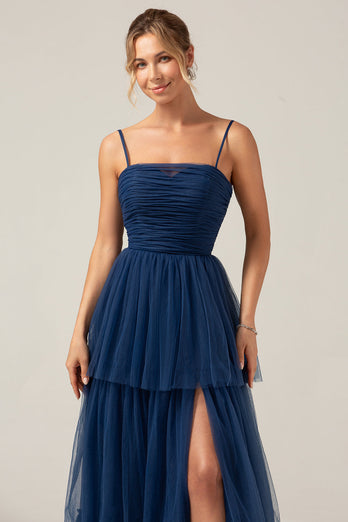 A Line Spaghetti Straps Tiered Navy Tulle Pleated Formal Dress with Slit
