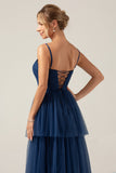 A Line Spaghetti Straps Tiered Navy Tulle Pleated Formal Dress with Slit