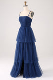 A Line Spaghetti Straps Tiered Tulle Pleated Formal Dress with Slit